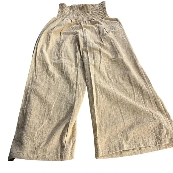 Ribbon Chix Boutique Enjoy The Sun Khaki Pants Smocked Waist Wide Leg NWT Large - Picture 1 of 7